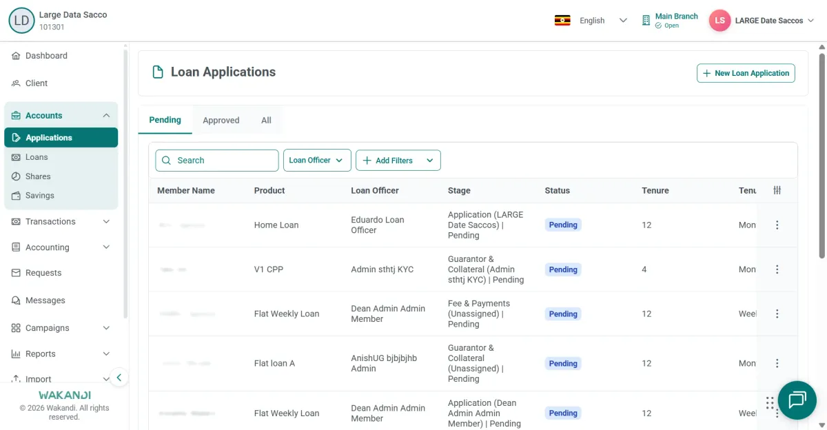 Loan Applications page open on the Pending tab, listing member applications with product, stage and status