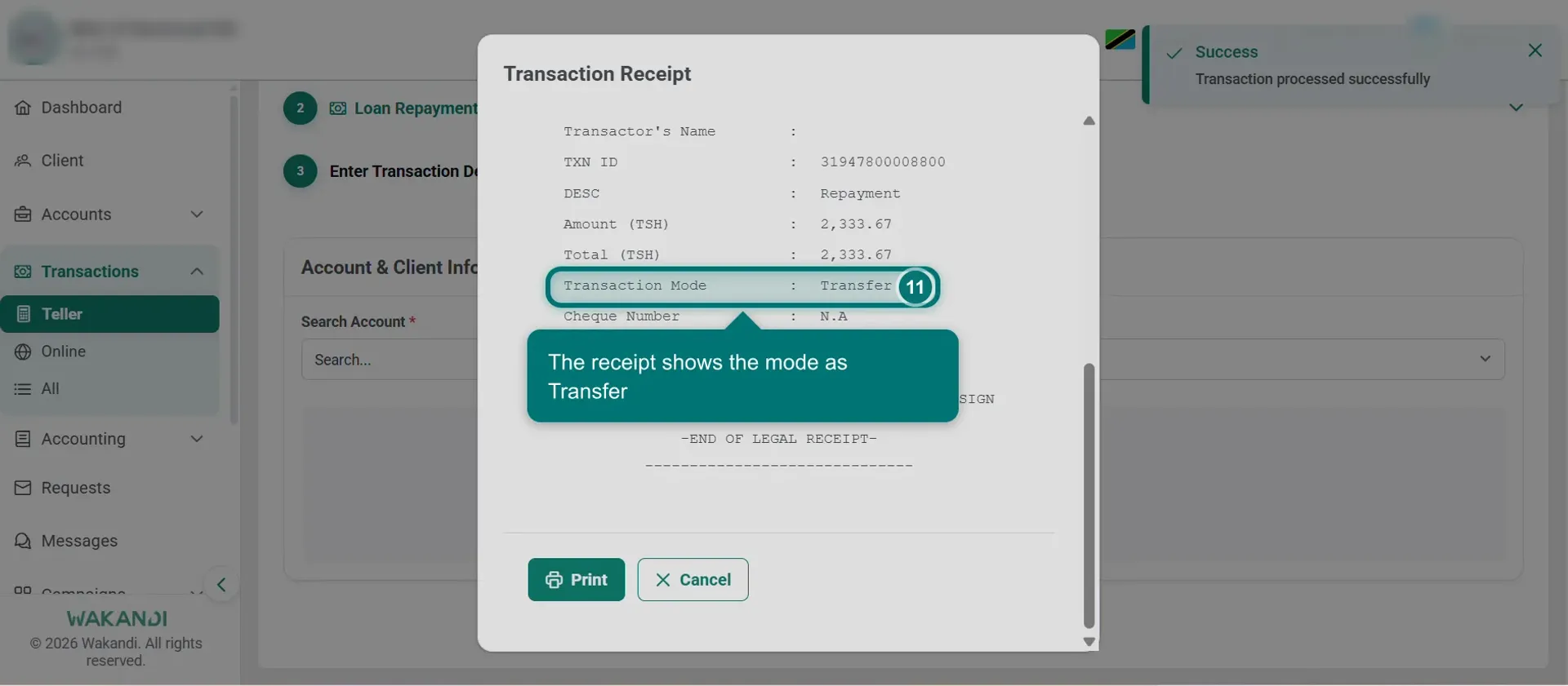 The Success message and the Transaction Receipt showing the transaction mode as Transfer