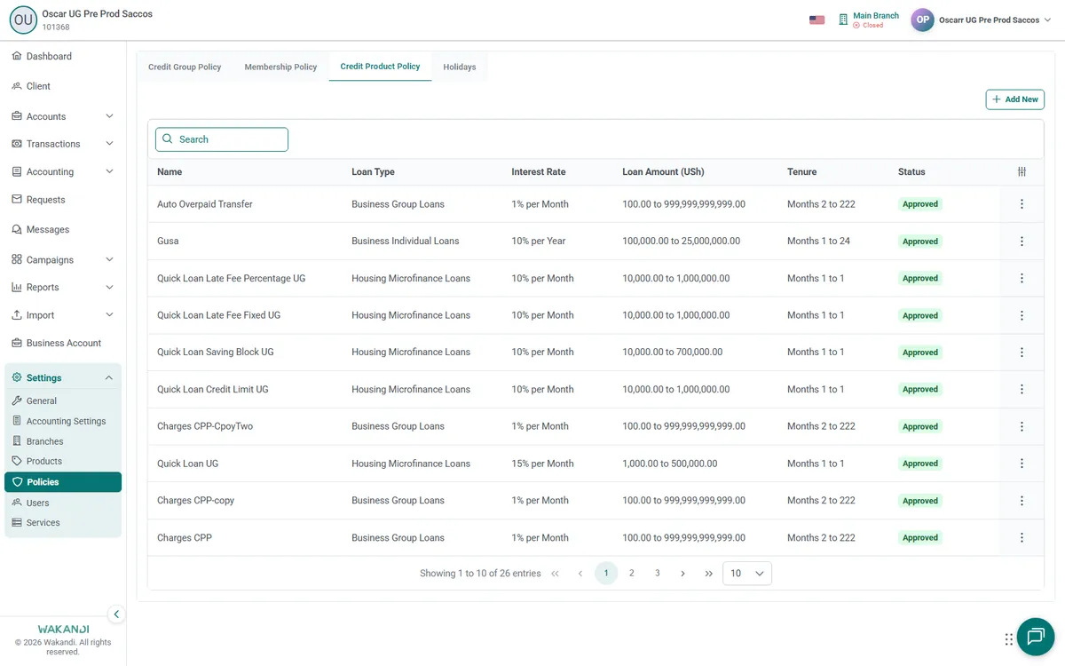 The Credit Product Policy tab under Settings, Policies, listing the policies that govern each loan product