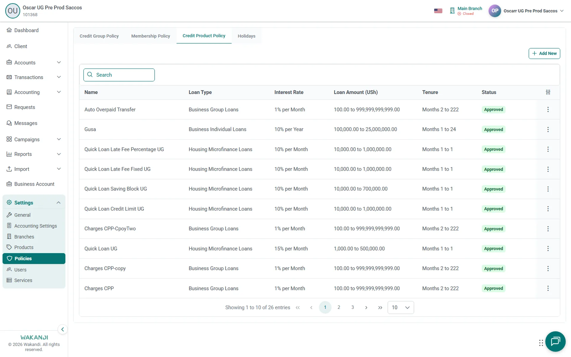 The Credit Product Policy tab under Settings, Policies, listing the policies that govern each loan product