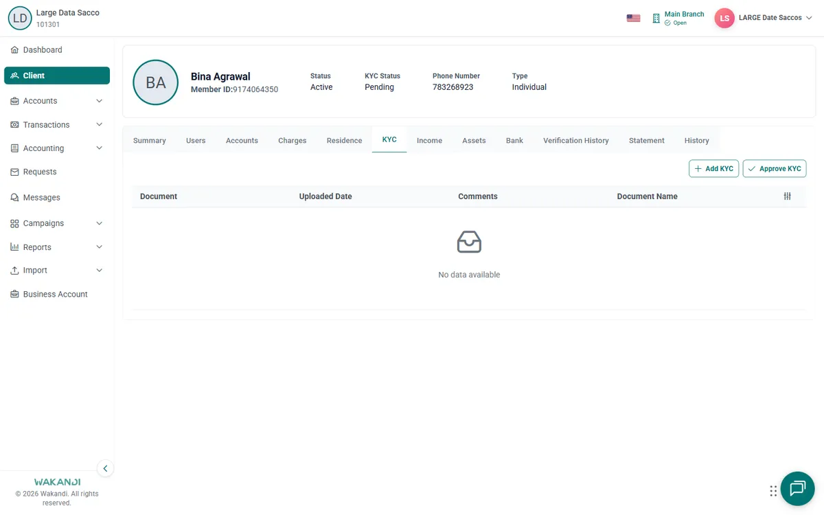 KYC tab open with an empty document table reading No data available, beside Add KYC and Approve KYC