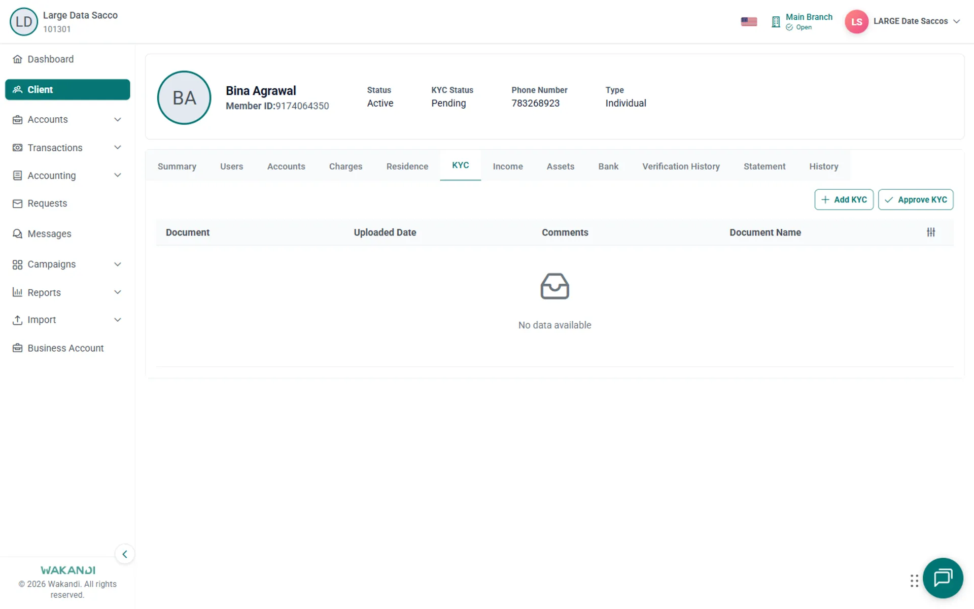 KYC tab open with an empty document table reading No data available, beside Add KYC and Approve KYC