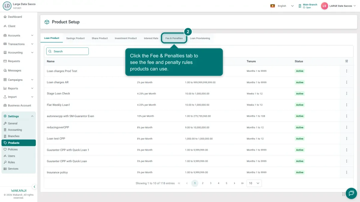 Product Setup with the Fee and Penalties tab highlighted