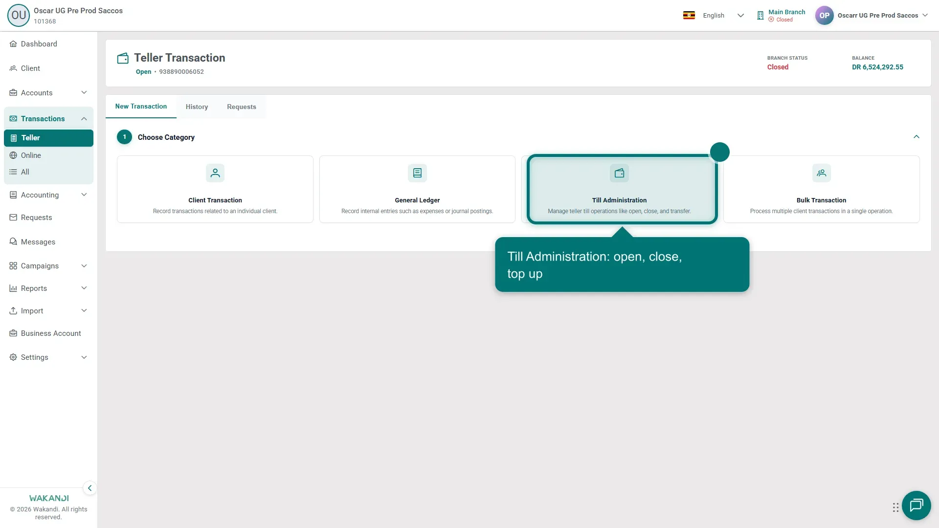 The Choose Category cards on the Teller Transaction screen, with Till Administration highlighted