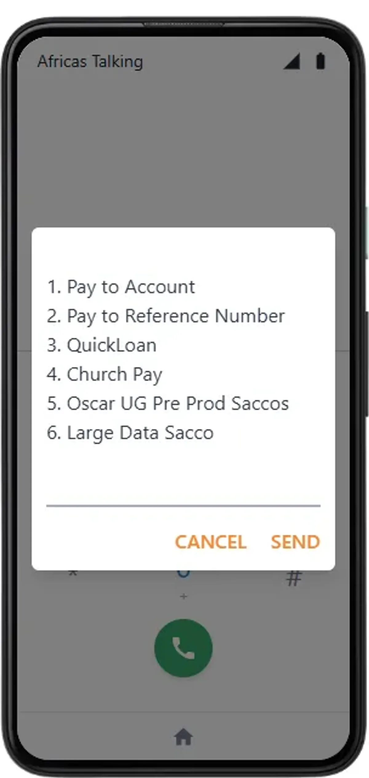 The USSD main menu on the phone: Pay to Account, Pay to Reference Number, QuickLoan, Church Pay, then your SACCO. Reply 1 to pay into an account