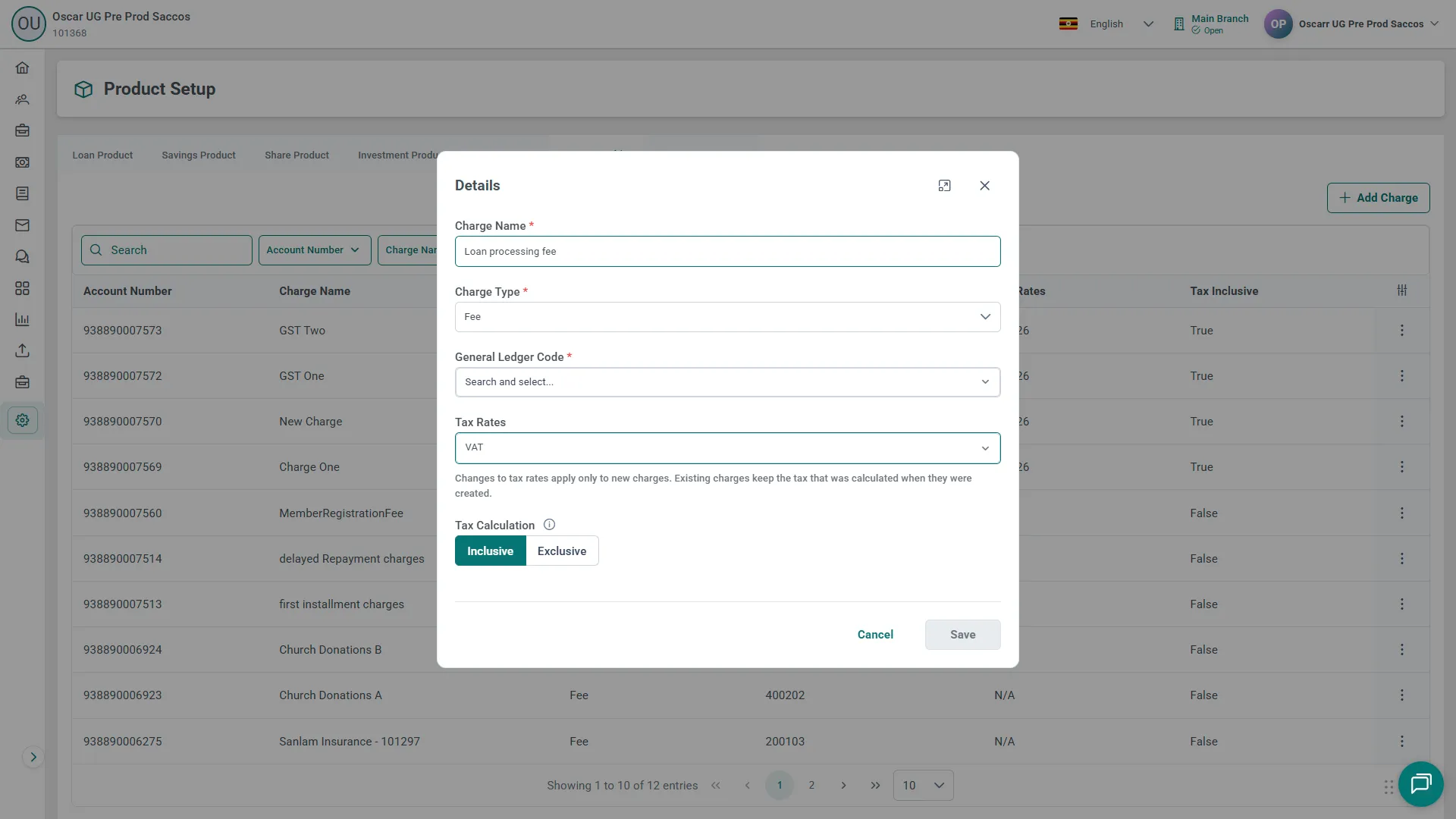 Charge form showing Tax Rates set to VAT, and the Tax Calculation setting below it with Inclusive selected and Exclusive beside it