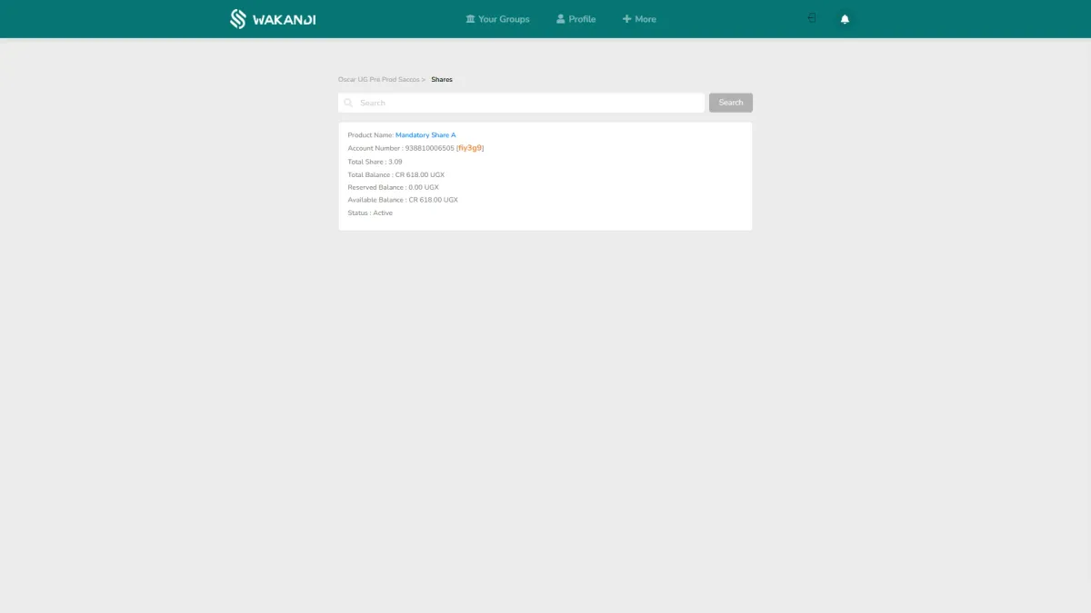 Your share account in the member app, showing the product name, account number, total shares, the balances and the account status