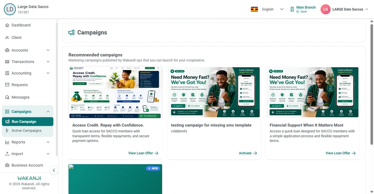 Run Campaign page with recommended Quick Loan campaign cards and their launch links