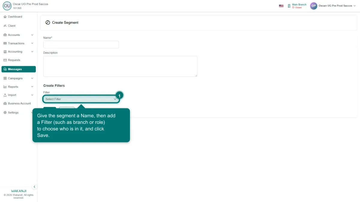 The Create Segment form, where you type a Name, add a Description, then choose a Filter under Create Filters before saving