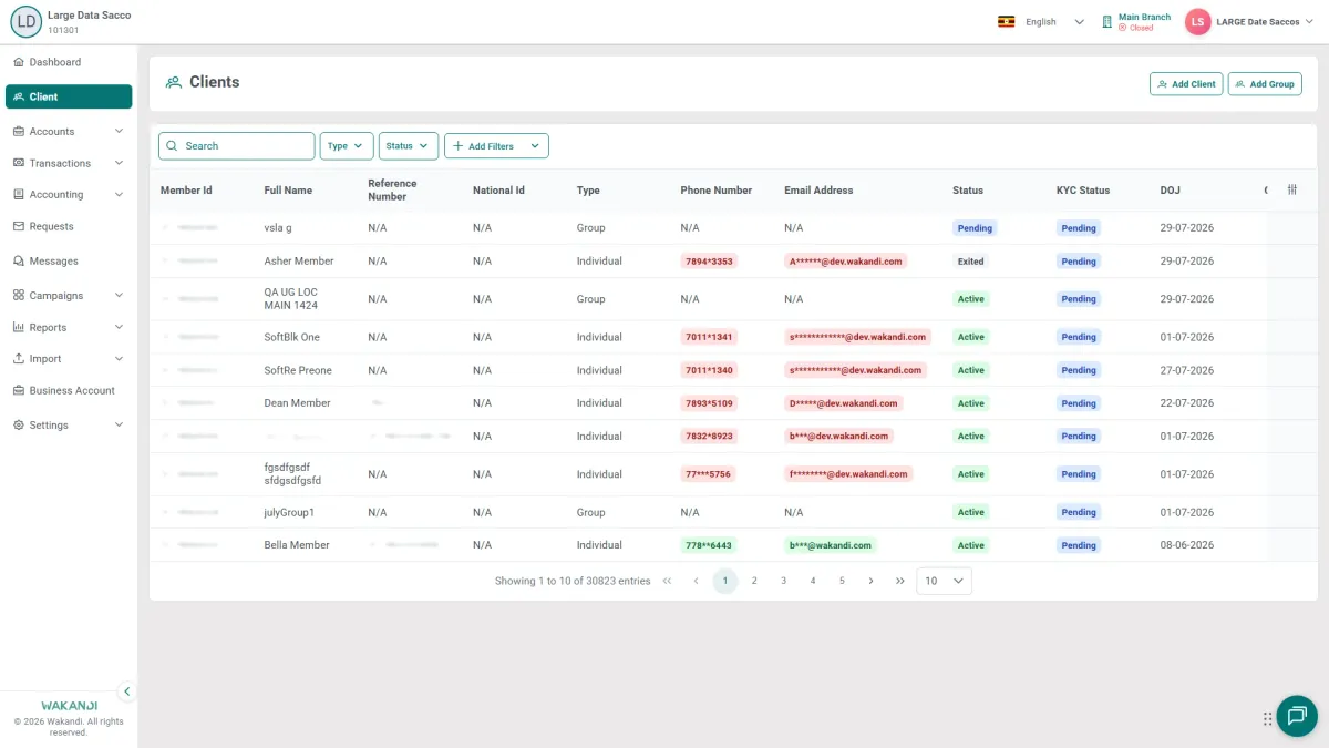 The Clients screen with the Add Client button highlighted, top right