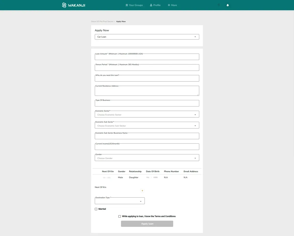 The loan application form after choosing a product: loan amount, tenure period, purpose, economic sector, income, next of kin, destination, and the Terms and Conditions checkbox with Apply loan