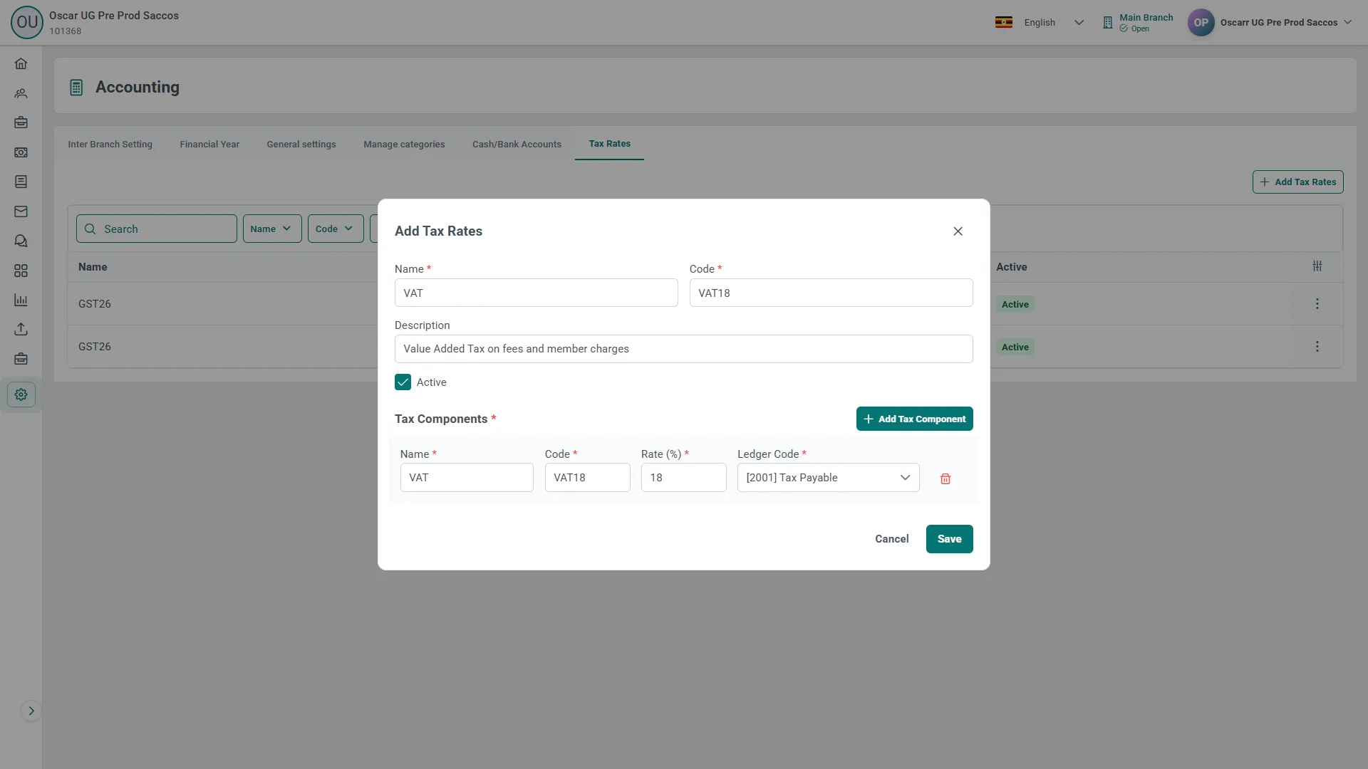 Add Tax Rates dialog filled in with name VAT, code VAT18, and one tax component at 18 percent posting to ledger 2001 Tax Payable
