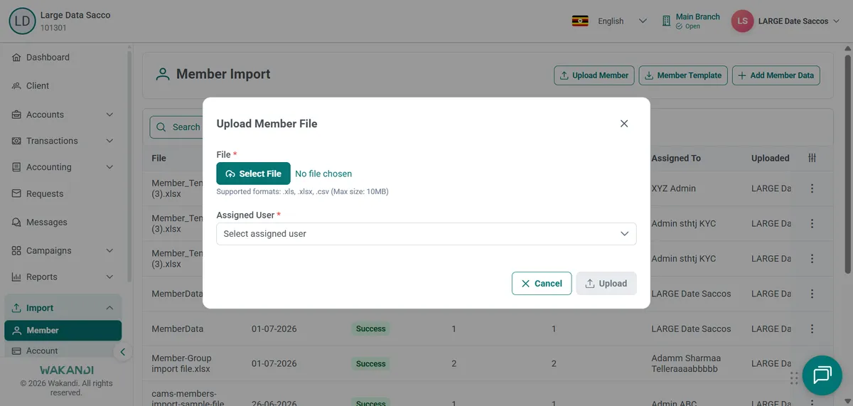 Upload Member File dialog with Select File, supported formats note, Assigned User picker and greyed Upload button