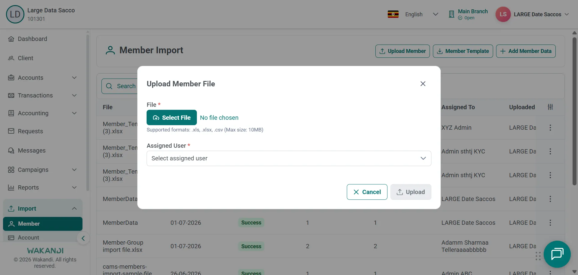 Akasanduuko ka Upload Member File akalimu Select File, akatabo k'ebika ebiwanirirwa, Assigned User picker n'akabutoni ka Upload akatali kakola
