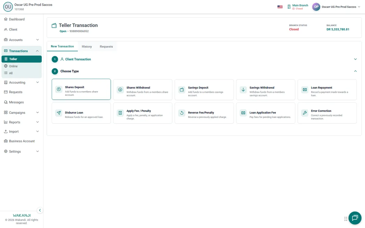 The Choose Type step after Client Transaction, where you click Loan Repayment