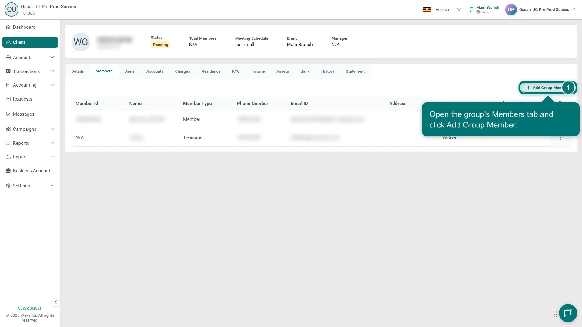 Group profile Members tab with the Add Group Member button