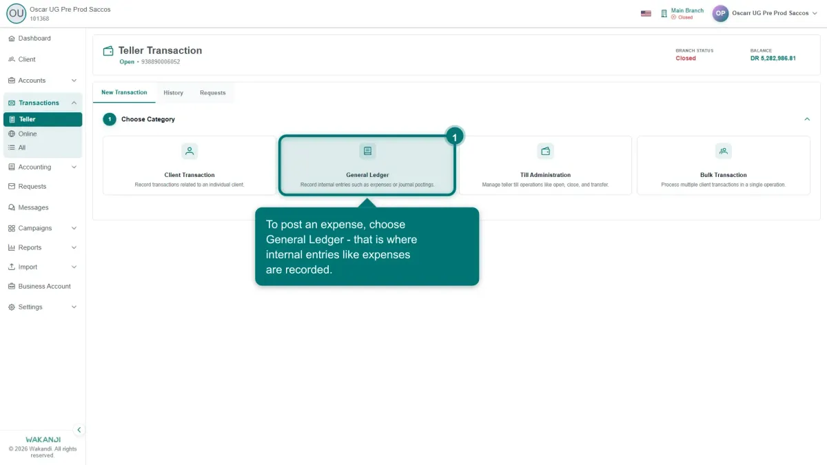 The Choose Category cards on the New Transaction tab: Client Transaction, General Ledger, Till Administration and Bulk Transaction