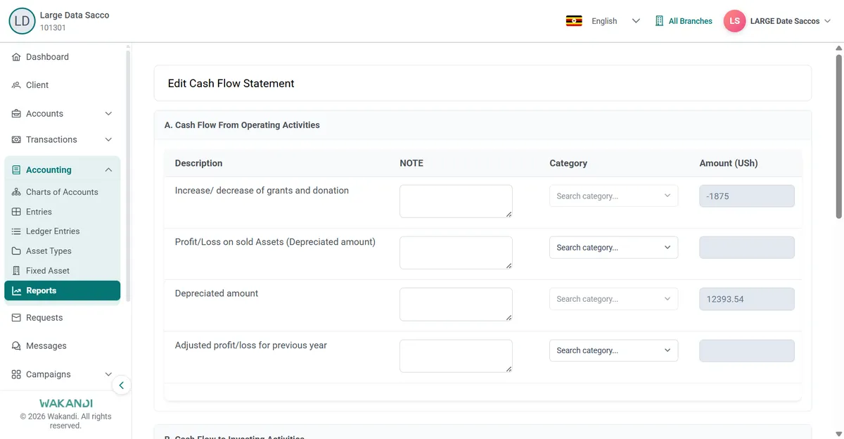 The Edit Cash Flow Statement page with NOTE, Search category and Amount fields beside each operating activity line