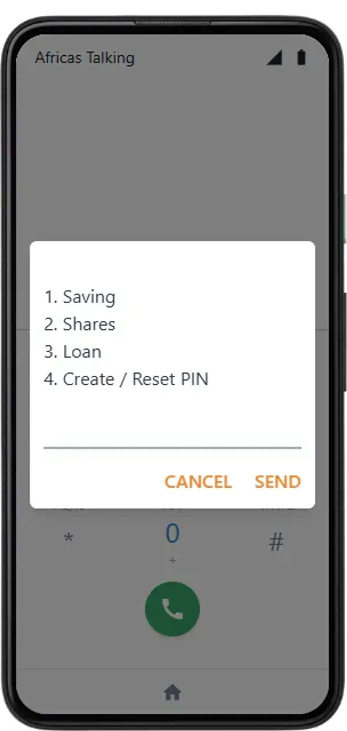 Your SACCO's USSD menu on the phone (1 Saving, 2 Shares, 3 Loan, 4 Create / Reset PIN)