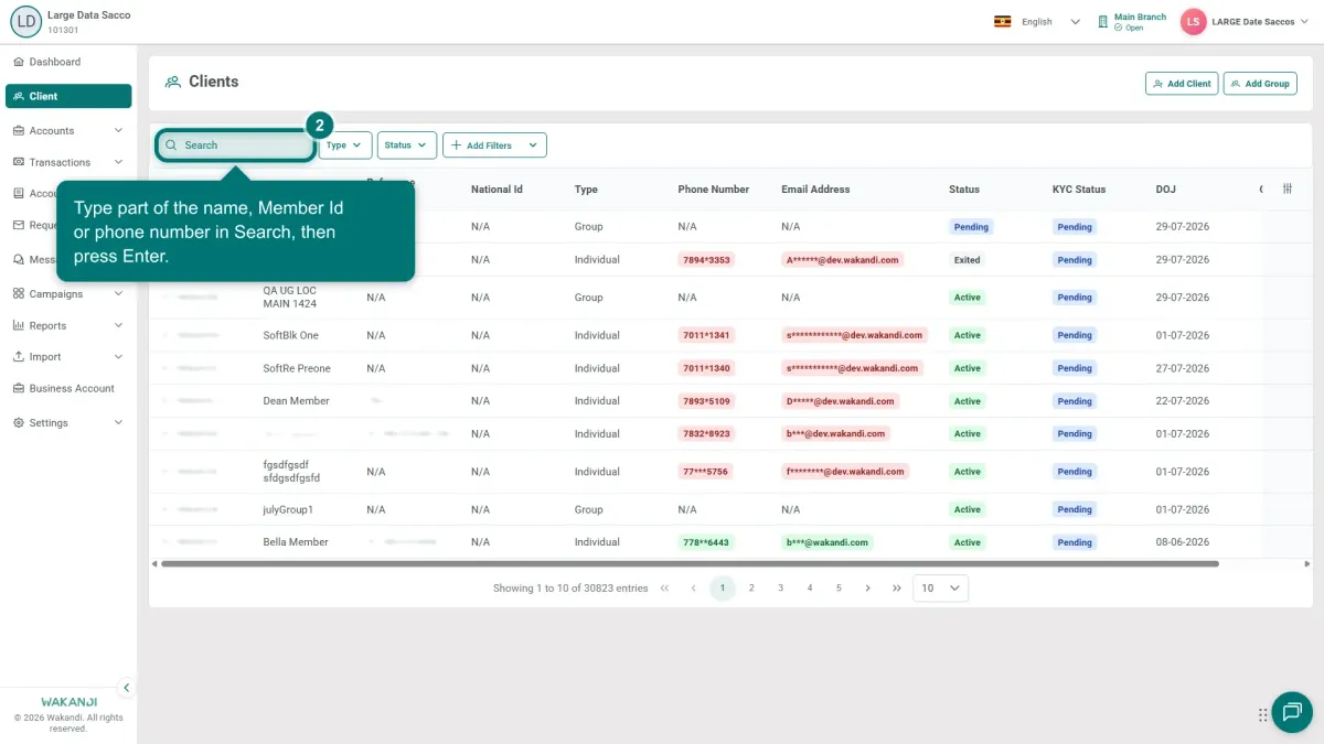 The Clients screen with the Search box highlighted above the member list
