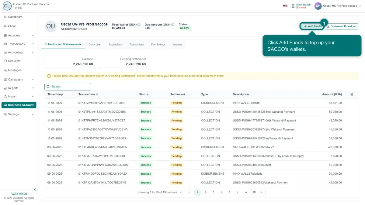 The Business Account page header showing the Fees Wallet balance, Due Amount, ACTIVE status, and the Add Funds button