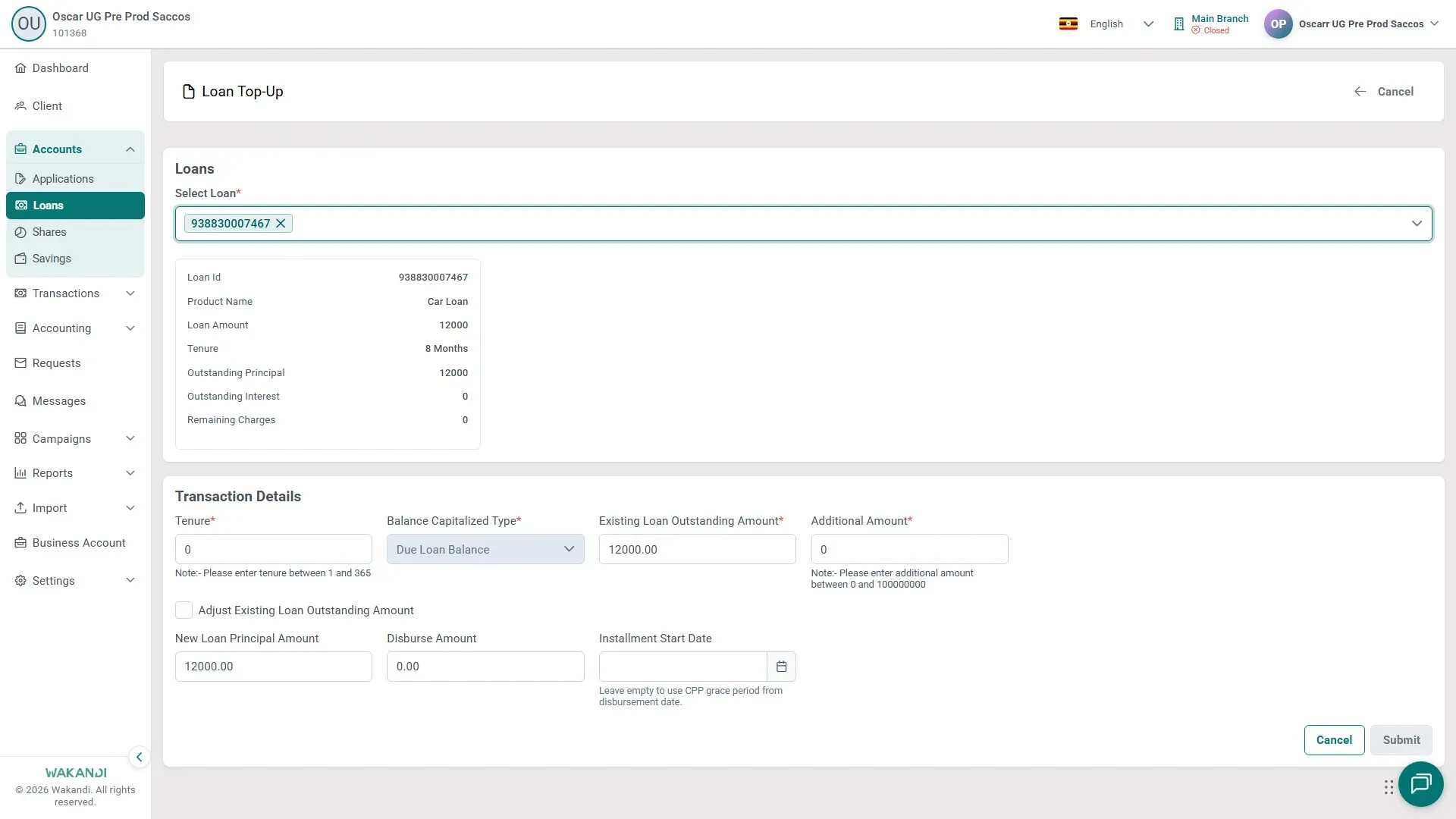 The Loan Top-Up form showing the loan's outstanding balance, the new tenure, the Additional Amount field, and the computed new loan principal