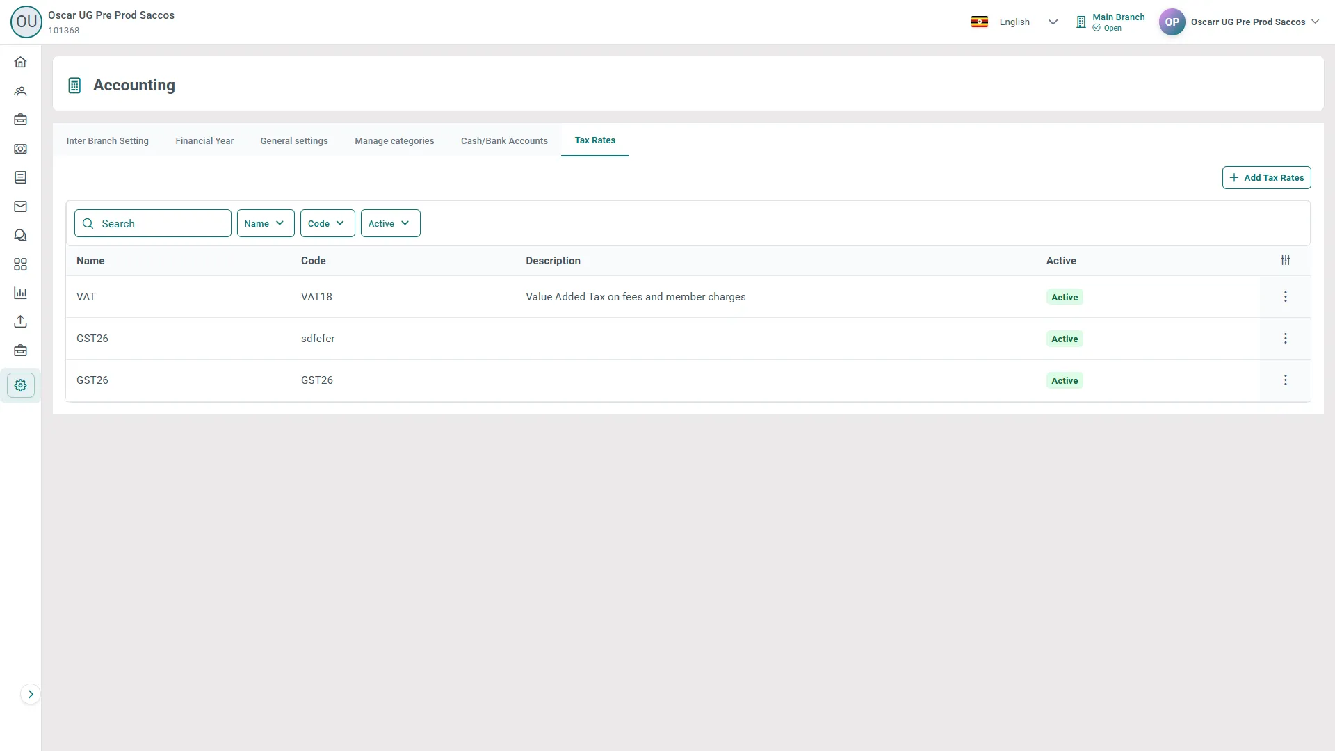 Tax Rates tab under Settings, Accounting, listing each rate by Name, Code, Description and Active status, with the Add Tax Rates button above the table