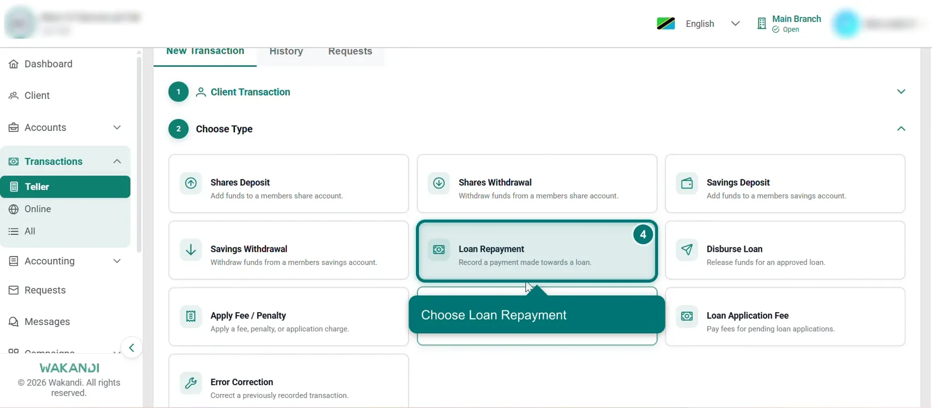 The Choose Type step of a teller transaction with the Loan Repayment tile highlighted