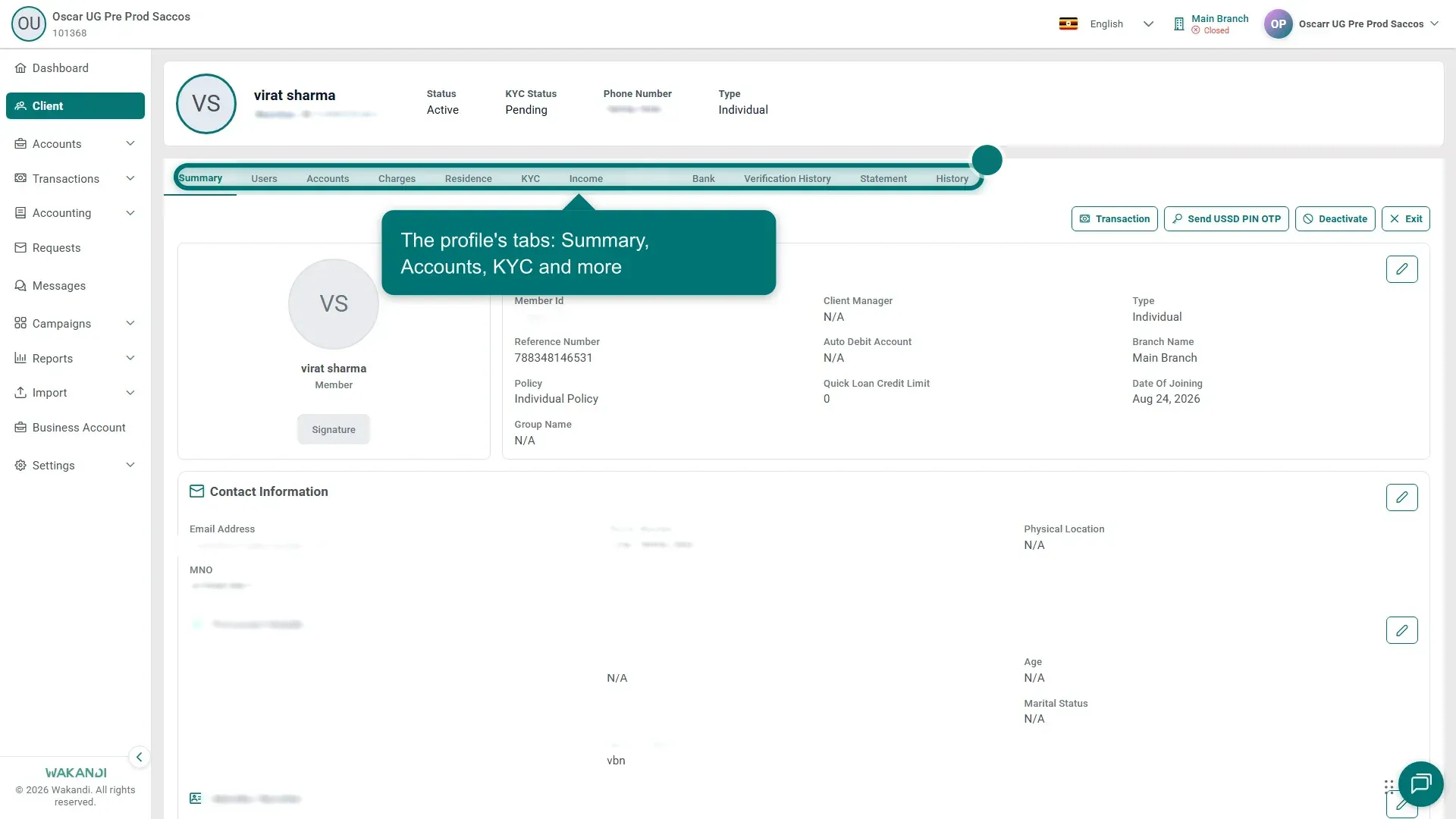 The member profile open on the Summary tab, where the header shows Status