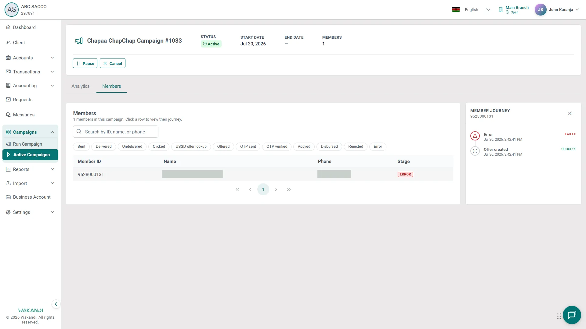 A member's journey panel open beside the Members list, showing their campaign events in time order
