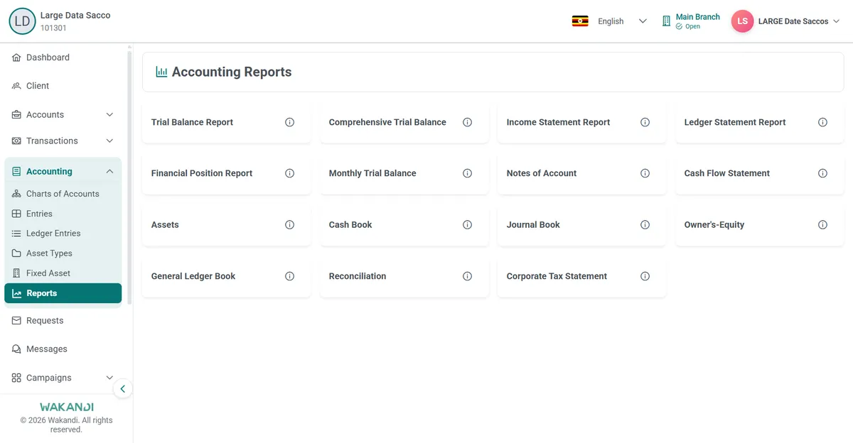Accounting Reports page showing the report cards, with Owner's-Equity in the third row