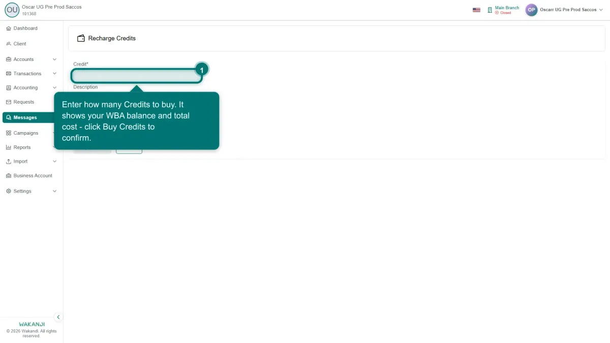 The Recharge Credits screen. Enter the number of credits; the screen shows your WBA Balance and the Total Cost, and Buy Credits confirms the purchase.