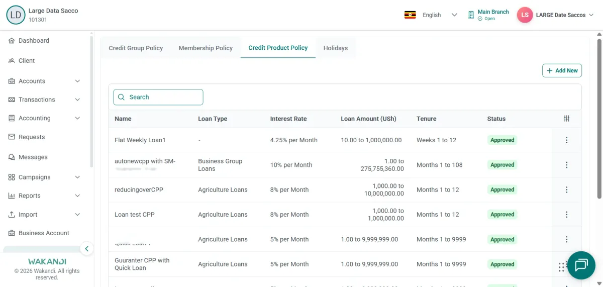 Credit Product Policy tab listing policies with loan type, interest rate, loan amount, tenure and Add New