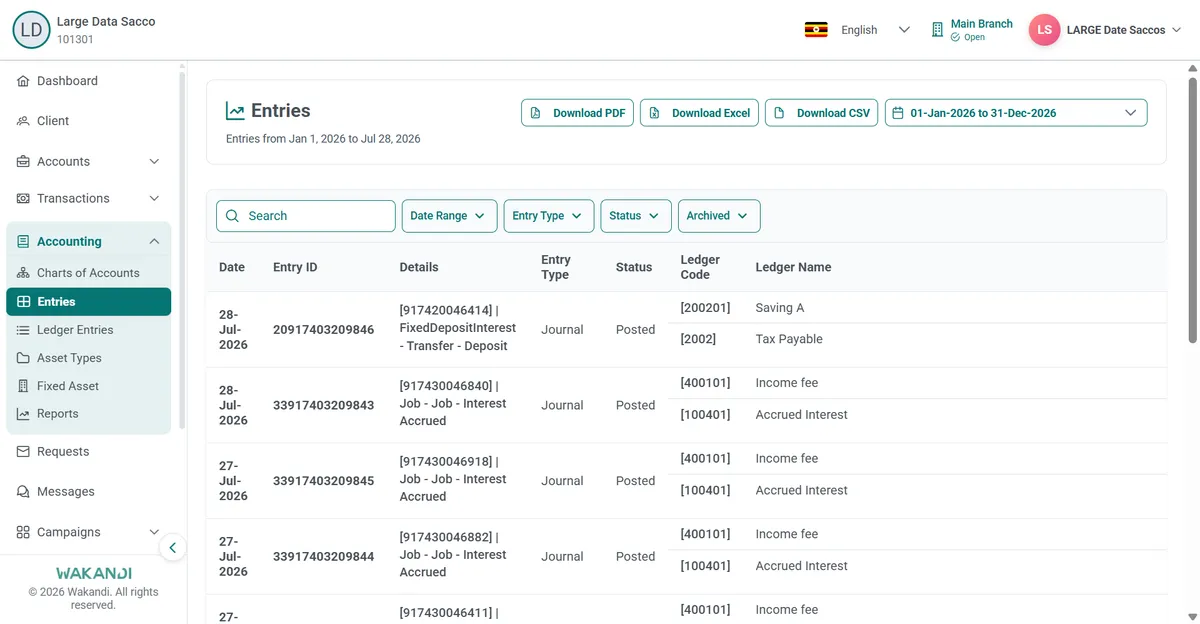 The Entries page headed with the active period, showing Date Range, Entry Type and Status filters over posted entries