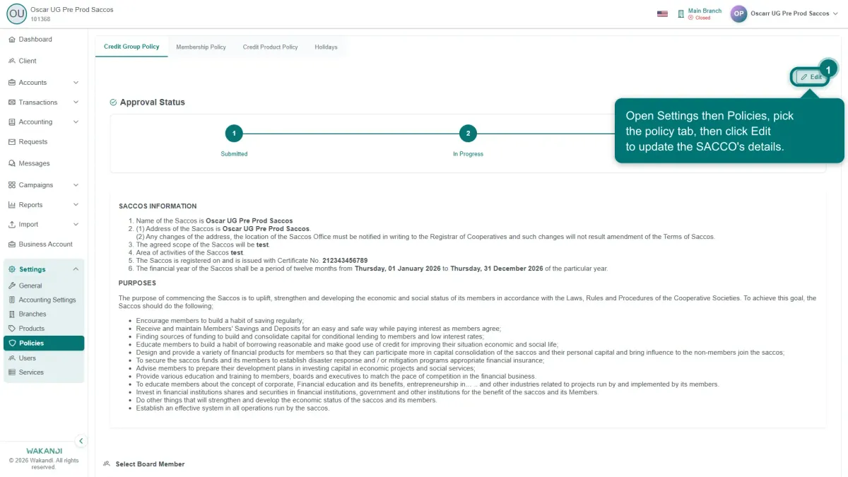 The Policies screen with the four policy tabs across the top and the Edit button on the open tab