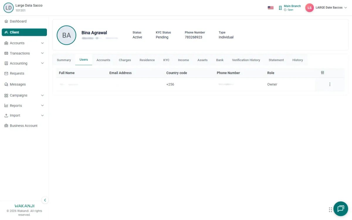 Users tab showing the Owner row with country code and phone number used for USSD or app login