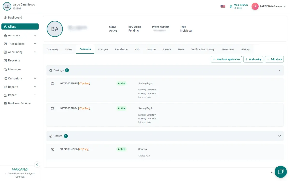 Member record open on the Accounts tab, where New loan application starts a request from the member