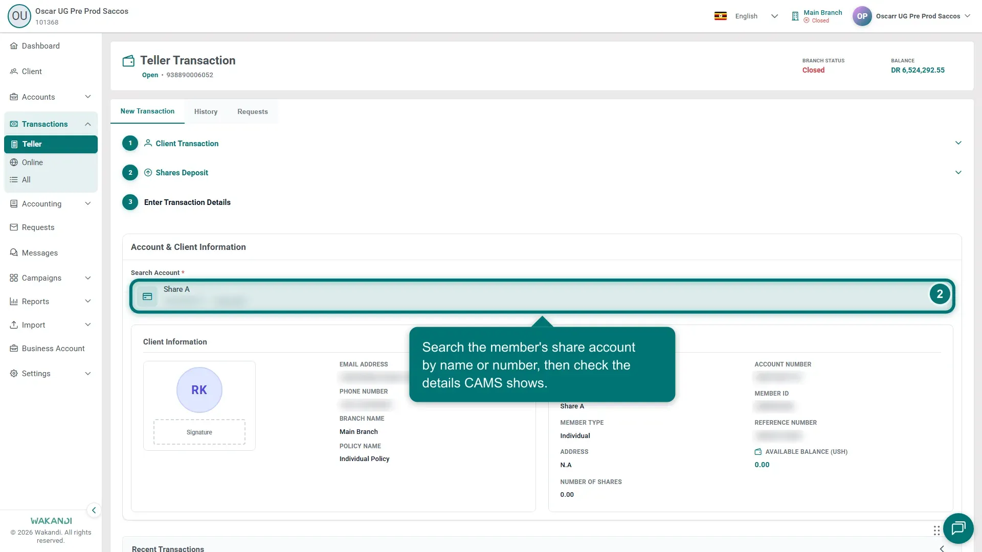 Shares Deposit details step with the account search and client information