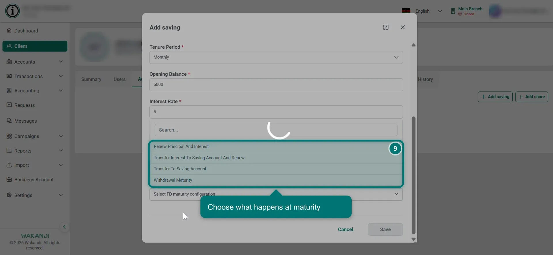 The FD maturity configuration list open, showing all four options