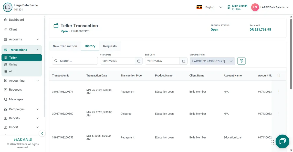 Teller History tab listing posted transactions with Transaction Id, date, type and account number columns