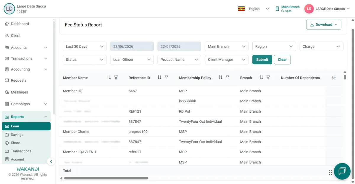 Fee Status Report with date, branch, charge and status filters above the results and a Submit button