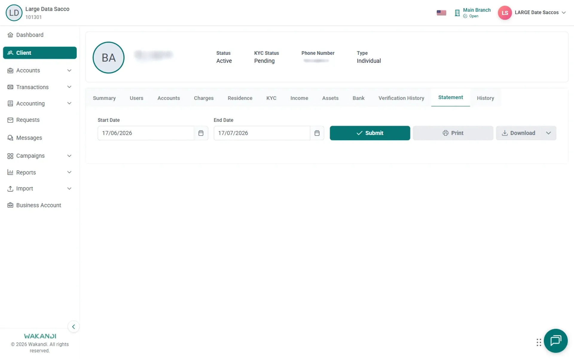 Member profile Statement tab with Start Date and End Date set beside Submit, Print and Download