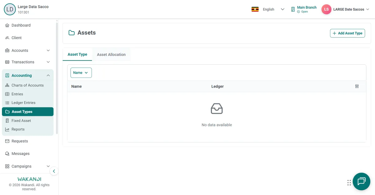 Assets page loaded on the Asset Type tab with Add Asset Type button and an empty ledger list