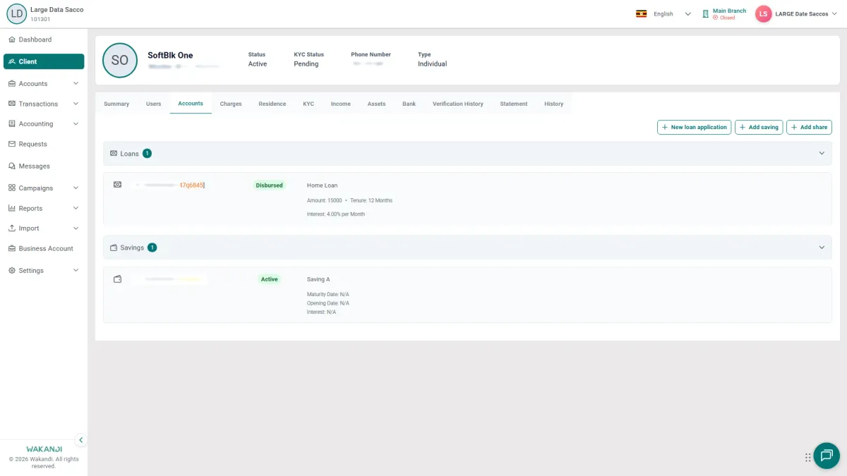 The Accounts tab on a member profile, with the Add saving and Add share buttons above the Savings and Shares groups