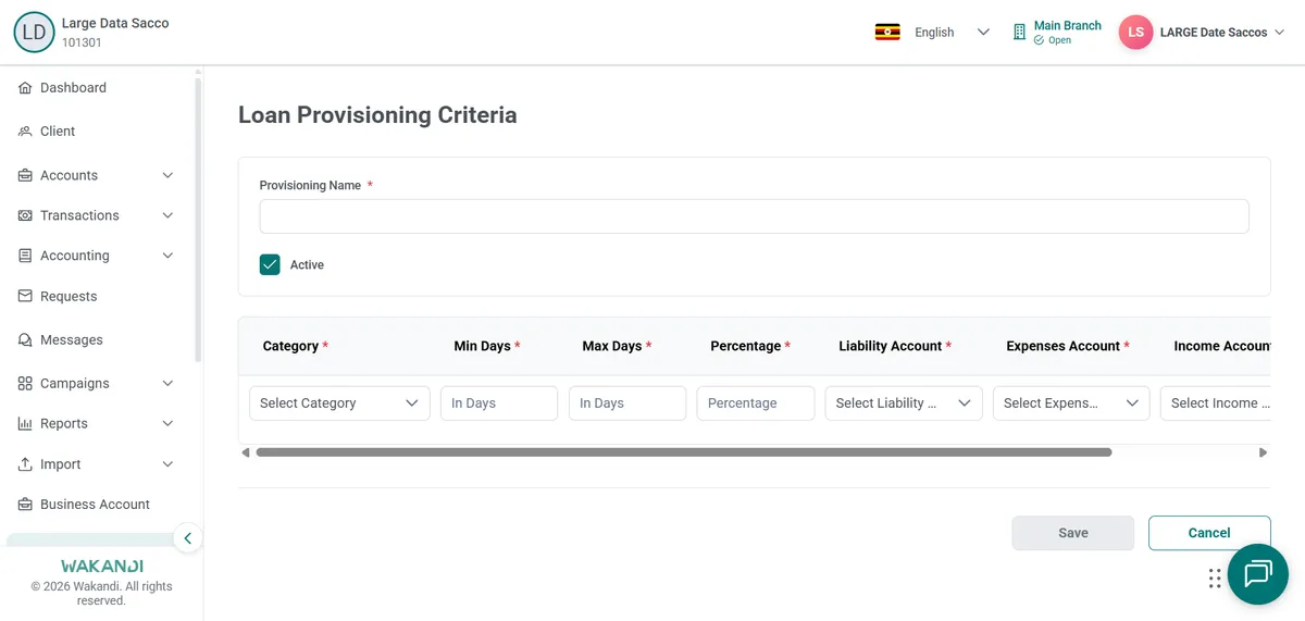 Loan Provisioning Criteria form with a name field and a blank band row for days and percentage