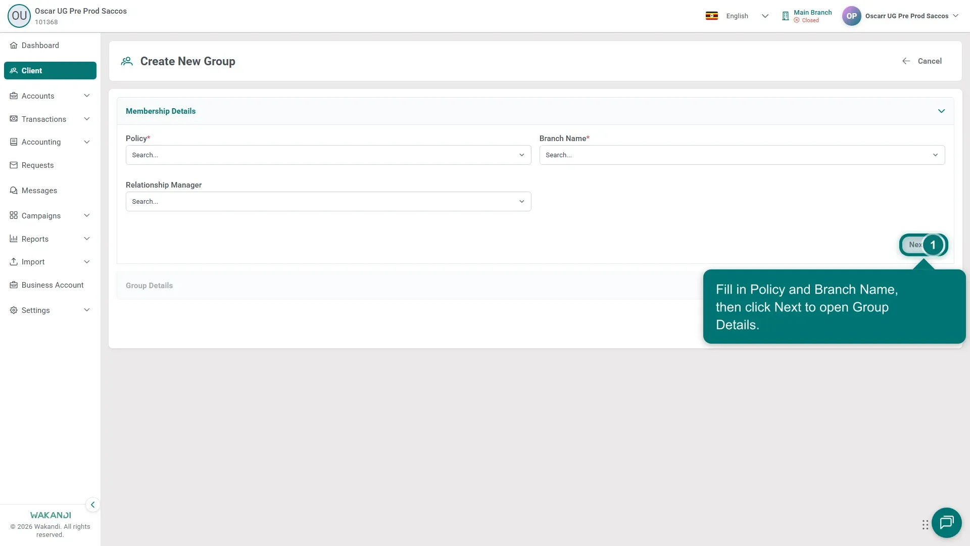 Create New Group form with Policy and Branch Name fields