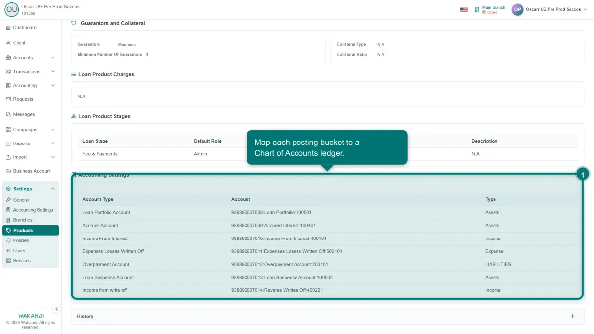 The Accounting Settings section of a loan product, mapping the Loan Portfolio, Accrued Interest, Income, Write-off, Overpayment and Suspense buckets to Chart of Accounts ledgers