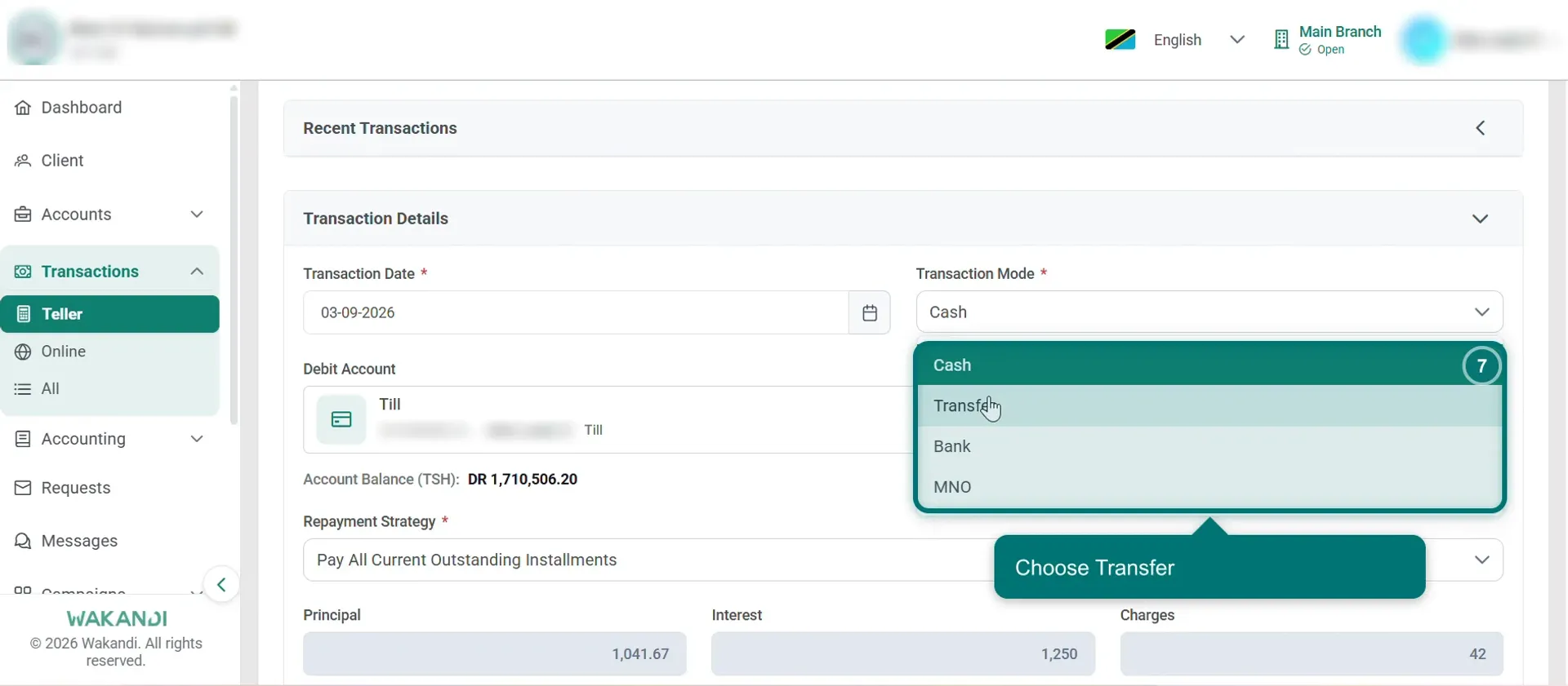 The Transaction Mode list open, showing Cash, Transfer, Bank and MNO