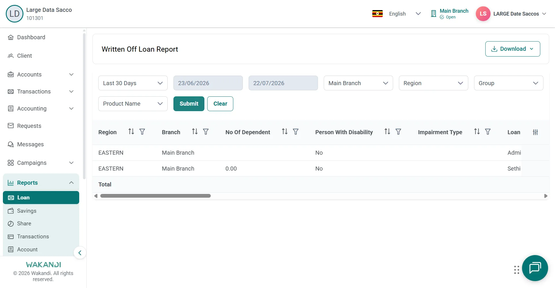 Written Off Loan Report with date and branch filters, result rows and the Download button