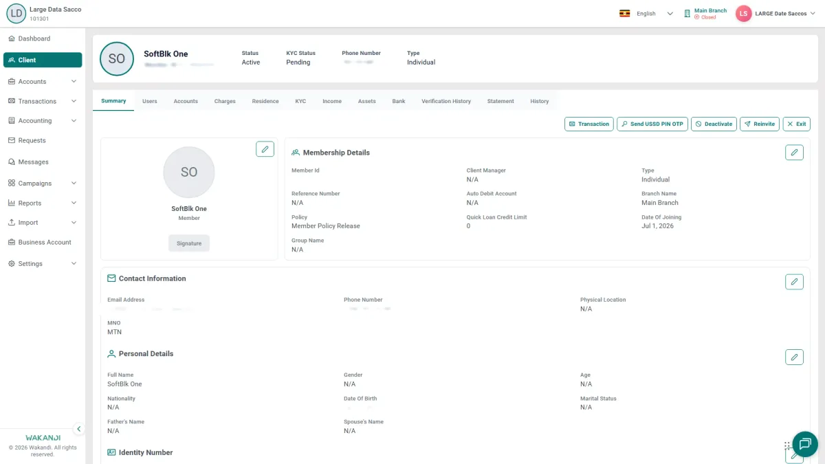 The member Summary tab with the Send USSD PIN OTP button, used to set or reset the transaction PIN